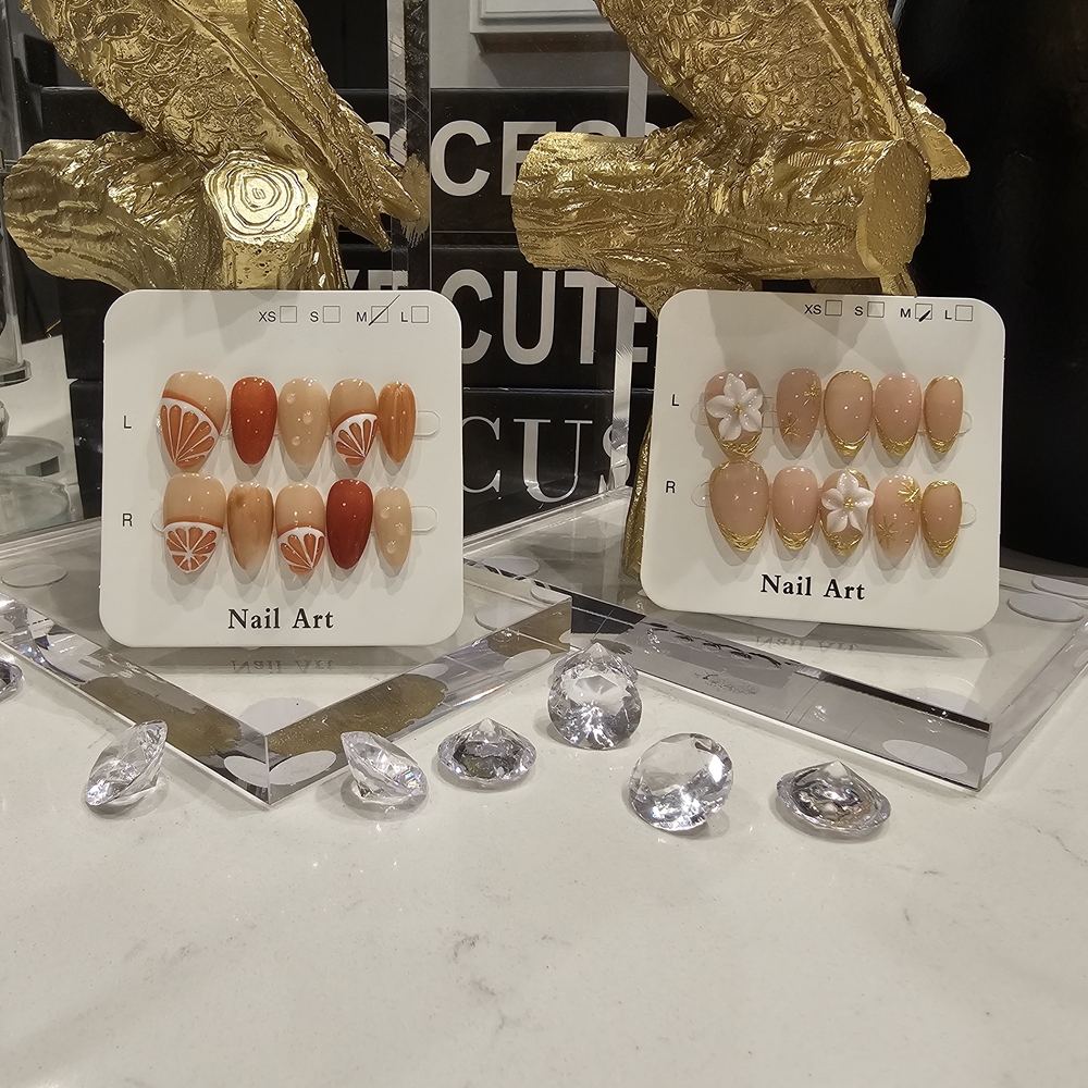 Acrylic Peach Citrus & Gold Trim Cat Eye Style Nail Sets - Medium